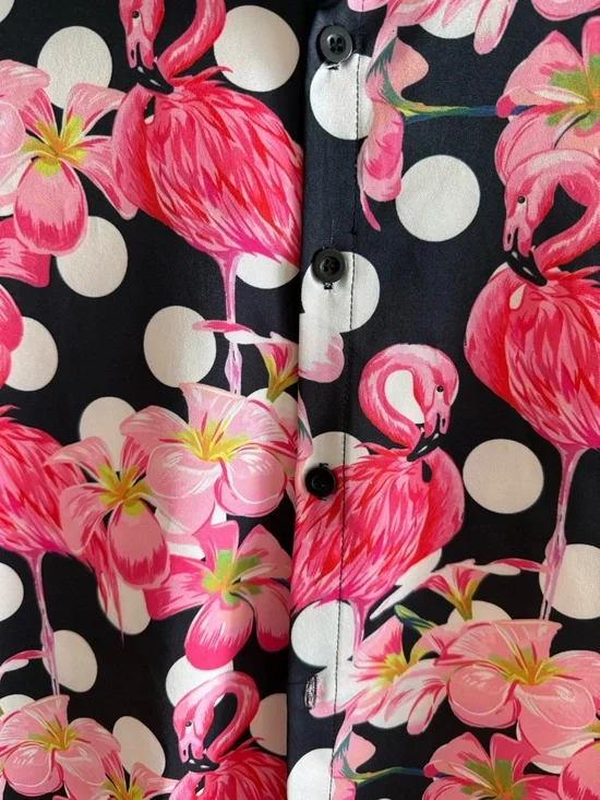 Flamingo Print Button Up Shirt Polka Dot Black Pink Tropical Size M - Picture 3 of 4